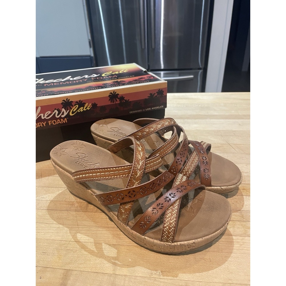 Skechers Women's Cali Beverlee Tiger Posse Strappy Wedge Sandals Size 7 Brown